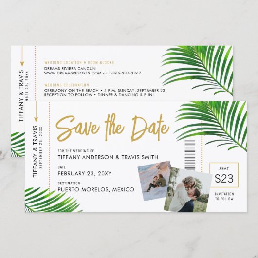 Tropische strandbestemming boordpas save the date (Voorkant / Achterkant)