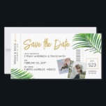 Tropische strandbestemming boordpas save the date<br><div class="desc">Tropische strandhuwelijk Bewaar de datum boordpas met modern grillig palmbladontwerp en trendy scriptlettertype bevat veel aanpasbare sjabloonvelden,  foto's,  reisgegevens en een gepersonaliseerde QR-codegenerator op de achterkant van de kaart.</div>
