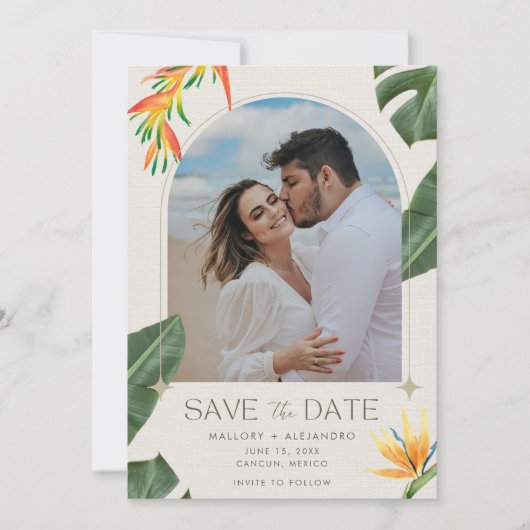Tropische strandbestemming bruiloft foto save the date (Voorkant)