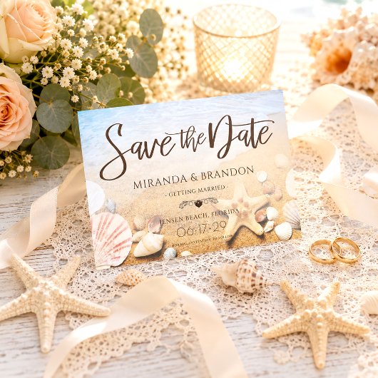 Tropische strandbruiloft zeester save the date kaa