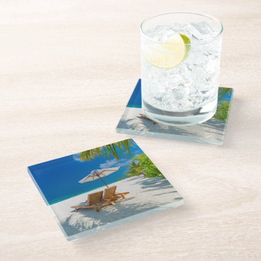 Tropische stranden | Lounge Chairs Beach, Bora Bor Glazen Onderzetter (Schuin)