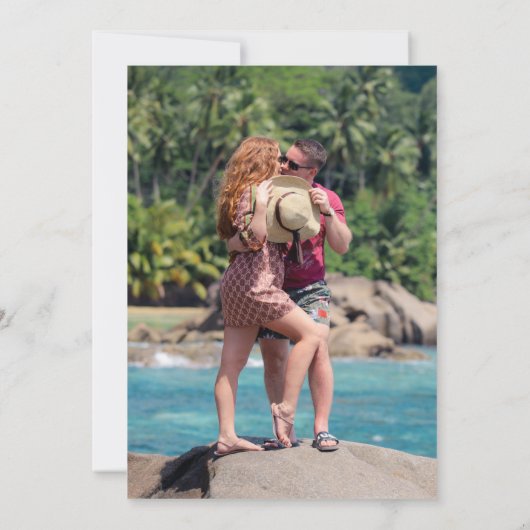 Tropische strandfotobestemming bruiloft save the date (Achterkant)