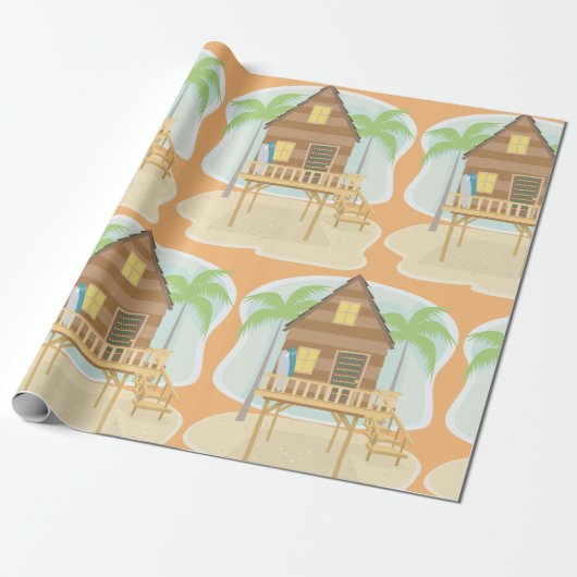 Tropische strandhut surfplanken en palmbomen cadeaupapier (Uitgerold)