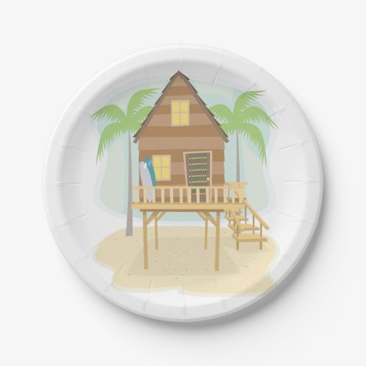Tropische strandhut surfplanken en palmbomen papieren bordje (Voorkant)
