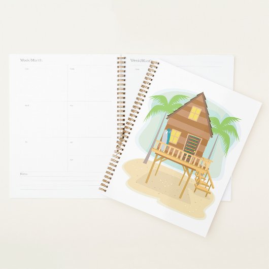 Tropische strandhut surfplanken en palmbomen planner