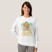 Tropische strandhut surfplanken en palmbomen t-shirt (Voorkant volledig)