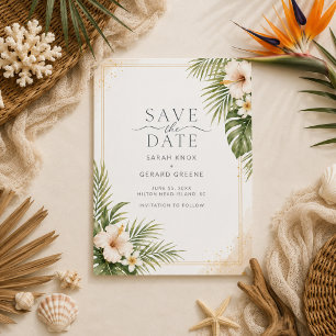 Tropische strandhuwelijksfoto save the date