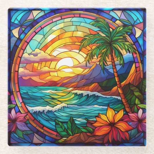Tropische strandkliffen gebrandschilderde glaskuns glazen onderzetter (Voorkant)