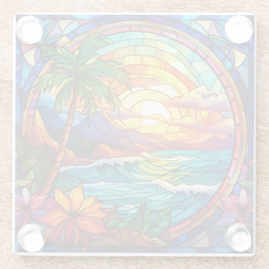 Tropische strandkliffen gebrandschilderde glaskuns glazen onderzetter (Achterkant)