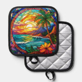 Tropische strandkliffen gebrandschilderde glaskuns pannenlap (Voorkant / Achterkant)