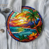 Tropische strandkliffen gebrandschilderde glaskuns ronde button 6,0 cm (In situ)