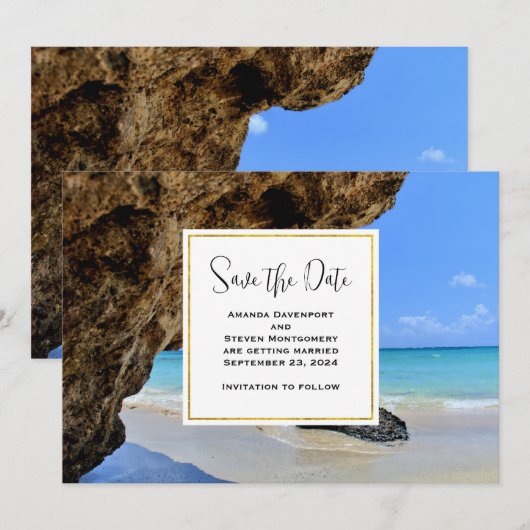 Tropische strandkust met een Big Rock bruiloft Save The Date (Voorkant / Achterkant)