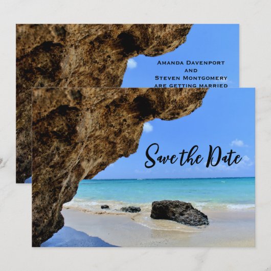 Tropische strandkust met een Big Rock bruiloft Save The Date (Voorkant / Achterkant)