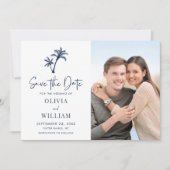 Tropische strandpalm Navy Blue Weduwfoto Save The Date (Voorkant)