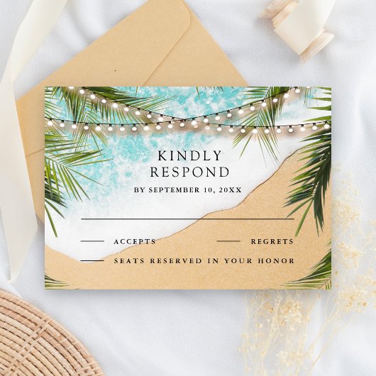 Tropische strandpalm snoerlichten bruiloft RSVP kaartje