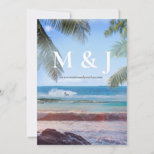 Tropische strandpalmbestemming bruiloft kaart (Achterkant)