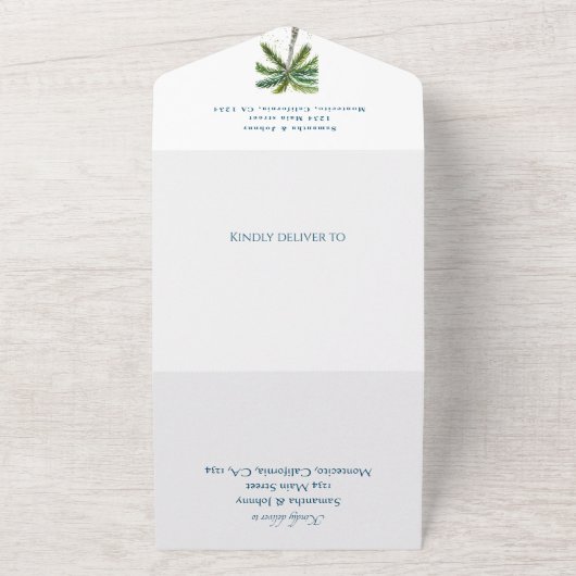 Tropische strandpalmbomen Bestemming Aan Zee All In One Uitnodiging (Buitenkant)