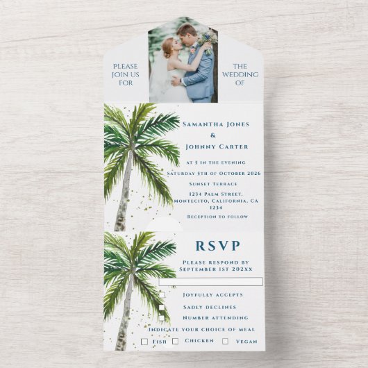 Tropische strandpalmbomen Bestemming Aan Zee All In One Uitnodiging (Binnen)