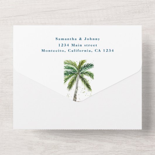 Tropische strandpalmbomen Bestemming Aan Zee All In One Uitnodiging (Achterkant)