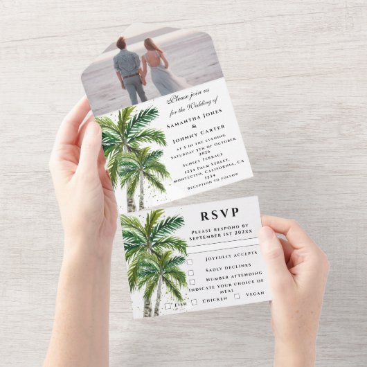 Tropische strandpalmbomen Bestemming Aan Zee All In One Uitnodiging (Afscheurbaar)