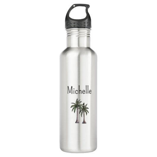 Tropische Strandpalmbomen Eenvoudige Typografie Waterfles (Voorkant)