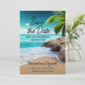 Tropische strandpalmboom foto bruiloft save the date (Staand voorkant)