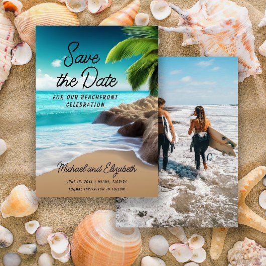 Tropische strandpalmboom foto bruiloft save the date