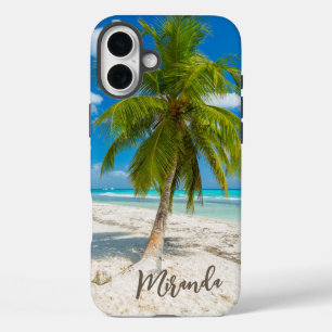 Tropische strandpalmboom gepersonaliseerd iPhone 16 plus hoesje