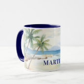 Tropische strandpalmboom naam blauw mok (Voorkant links)