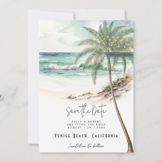 Tropische strandpalmboom opslaan datumkaart bedankkaart (Voorkant)