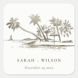 Tropische strandpalmboom schets Bleek goud Trouwe Vierkante Sticker