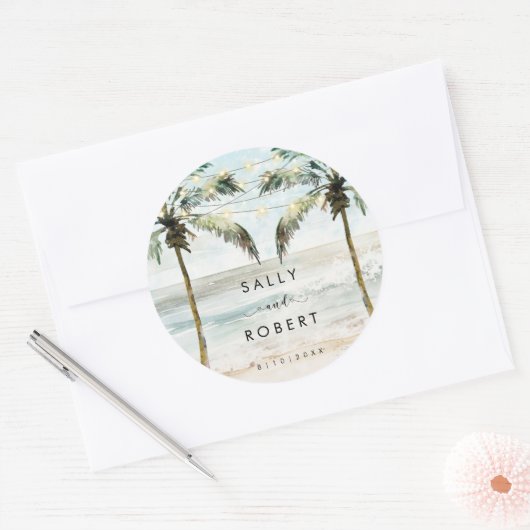 Tropische strandpalmen bruidsfeest sticker (Envelop)