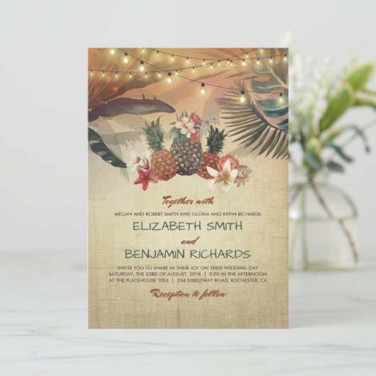 Tropische strandpalmen en ananas bruiloft kaart (Staand voorkant)