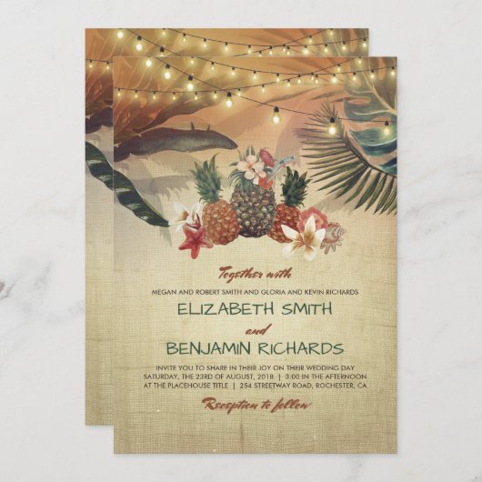 Tropische strandpalmen en ananas bruiloft kaart (Voorkant / Achterkant)