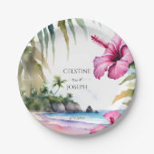 Tropische strandpalmen hibiscus bruiloft sjabloon papieren bordje (Voorkant)