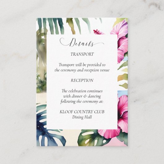 Tropische strandpalmen hibiscus trouwgegevens kaar informatiekaartje (Voorkant)