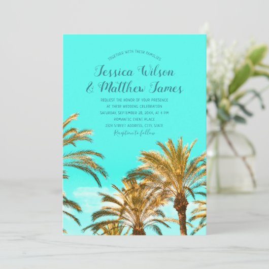 Tropische strandpalmen langs de oceaanbestemming kaart (Staand voorkant)