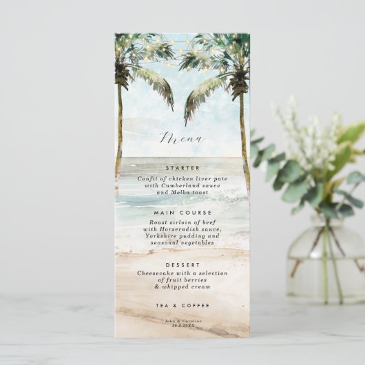 Tropische strandpalmen lichten bruiloft menukaarte menu (Staand voorkant)