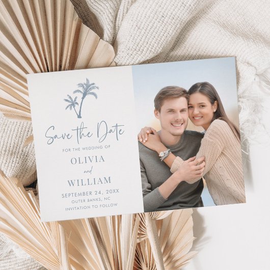 Tropische strandpalmen Stusty Blue Weduwfoto Save The Date