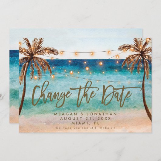 tropische strandpalmen veranderen de datumkaart bedankkaart (Voorkant / Achterkant)
