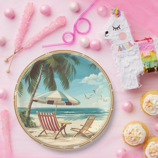 Tropische strandparasol en stoelen zomer papieren bordje (Feest)