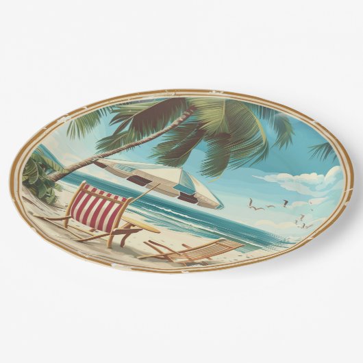 Tropische strandparasol en stoelen zomer papieren bordje (Gekanteld)