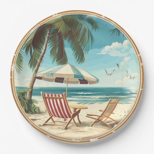 Tropische strandparasol en stoelen zomer papieren bordje (Voorkant)