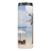 Tropische strandparasols: wit, palm. thermosbeker (Achterkant)