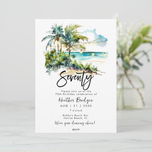 Tropische strandscène 70e verjaardagsfeestje kaart (Staand voorkant)