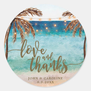 Tropische strandscène liefde en bedankt begunstige ronde sticker