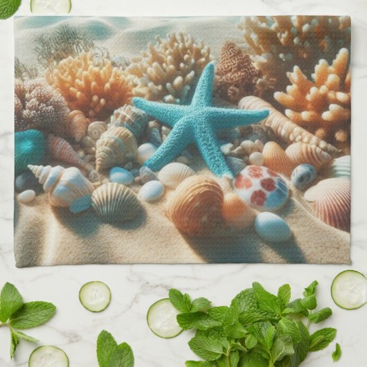tropische strandschelpen en zeesterren theedoek (Gevouwen)