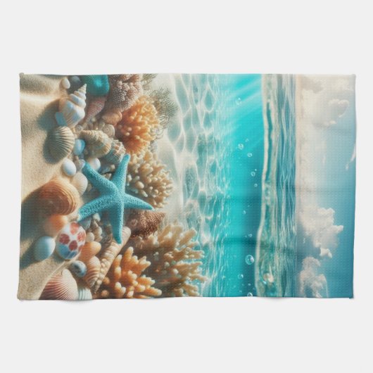 tropische strandschelpen en zeesterren theedoek (Horizontaal)