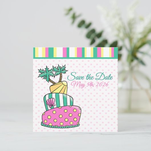 Tropische strandtaart save the date (Staand voorkant)