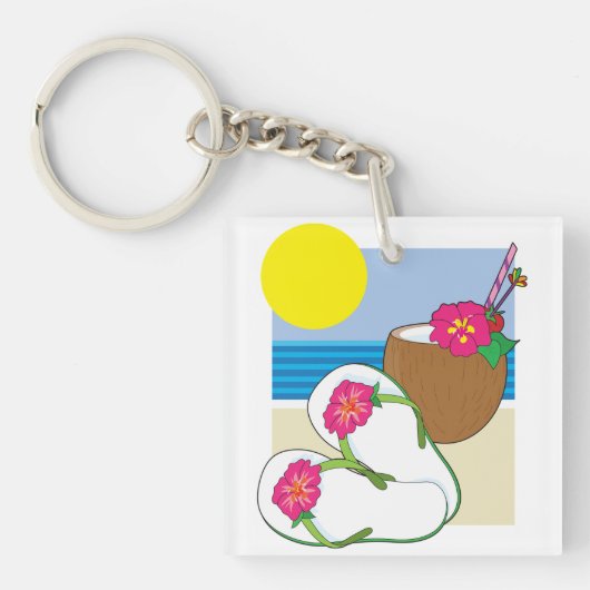 Tropische strandvakantie kokosbloemen teenslippers sleutelhanger (Voorkant)
